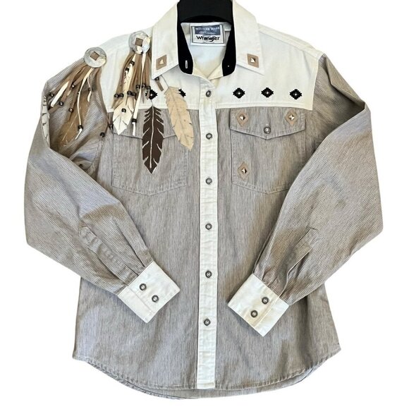 Wrangler Tops - Vtg 80s Womens Wrangler Western Shirt M Native American Concho Feathers Cowgirl